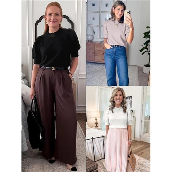 Women's Puff Short Sleeve Sweater Tops 2025 Spring Summer Fall Trendy - Picture 4 of 7